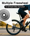 Close-up of 8 Speed Bike Freewheel 13 32T for Mountain Folding and Commuter Bikes on bike, rider pedaling on road