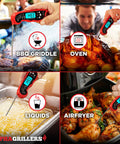 Digital Meat Thermometer Instant Read For Cooking And Grilling With Ultra Fast One To Two Second Read Pre Calibrated Probe in use on various cooking surfaces.