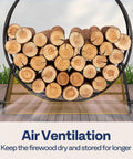 32 Inches Firewood Log Rack Hoop With Cover Built Tough Heavy Duty Solid Steel Storage Rack filled with stacked logs displayed on a patio.
