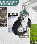 Heavy Duty 8 Inch Gate Wheels With Brake Rock Solid Spring Suspension displayed on various surfaces: mud, slate, turf, and rubble.