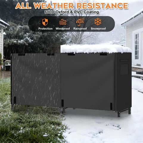 Heavy Duty Outdoor Firewood Rack With Weatherproof Cover Iron Wood Storage Rack For Backyard shown with snow.