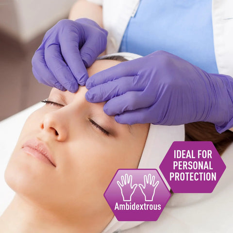 Purple gloves used during a facial procedure, highlighting ambidextrous feature and ideal for personal protection.