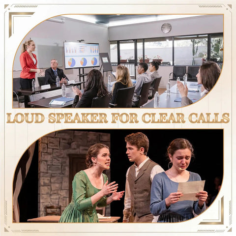 Meeting room with presenter and audience, plus a stage scene with actors, showcasing clear audio for communication.