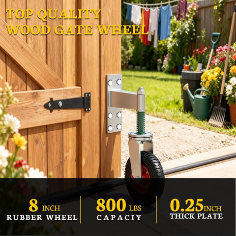 Highly Rated 8 Inch Gate Wheels 2 Pack For Metal And Wood Gates Featuring Double Ball Bearings Reinforced Steel Brackets And Durable Polymer Rollers Built Tough To Glide Smoothly Without Skipping A Beat on a wooden gate.