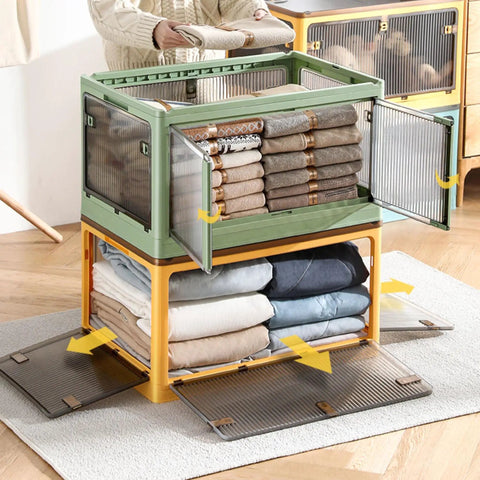 Slick Clear Foldable Storage Bins With Secure Lids Heavy Duty Plastic Containers, stacked with towels, in a green and yellow design.