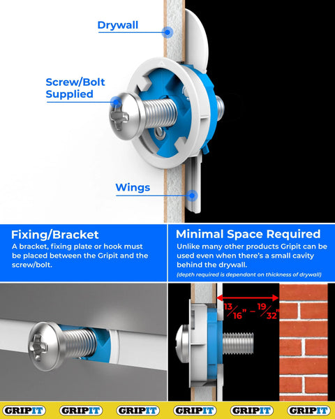 Heavy Duty Drywall Anchors Pack Of 4 With Screws And 1 Inch Drill Bit Included For Plaster Walls Up To 205 Lbs 93 Kg Reusable Wall Anchors Kit Delivers Ultra Strong Grip And Even Load Distribution For Shelves Mirrors And Decor, shown in installed view with screw and wings behind drywall.