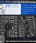 Pro Grade 45 Piece Tap and Die Set with adjustable handles and case, showing metric taps, dies, and wrenches in molded case.