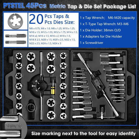 Pro Grade 45 Piece Tap and Die Set with adjustable handles and case, showing metric taps, dies, and wrenches in molded case.