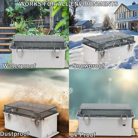 Heavy Duty Outdoor Waterproof Electrical Box With Clear Hinged Lid IP55 Tough As Nails Junction Cover For Power Strips Extension Cords And Outlet Protectors Dead Easy Weather Shield 8.9 X 4.9 X 4.3 Inch displayed in various weather conditions.