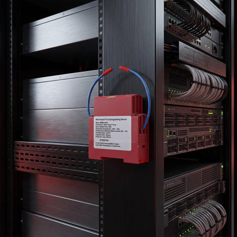 Two Piece Auto Fire Extinguisher Stickers With Heat Sensitive Aerosol Tech That Kick In Under The Hood For Smooth Engine Bay Protection And Reliable Passive Emergency Safety Gear No Power Needed attached on server rack.