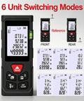 Solid Workhorse Laser Distance Meter With Zero Sweat Measurements Up To Three Twenty Eight Feet And Hella Accurate Plus Two Mm Precision showing 6 unit switching modes and display.