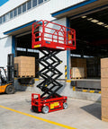 Top Shelf Hydraulic Scissor Lift Table With Smooth Remote Operation Rock Solid 450 Kilogram Weight Capacity in a warehouse setting.