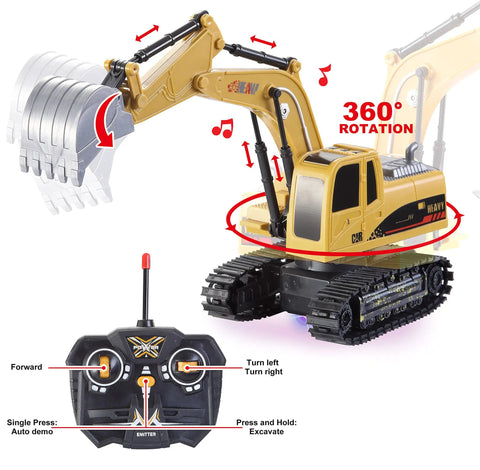 Two Pack Remote Control Construction Vehicle Set With Friction Powered Excavator And Dump Truck Realistic Lights And Sounds For Imaginative Play Great Gift For Toddlers Boys And Girls showing excavator with remote control.