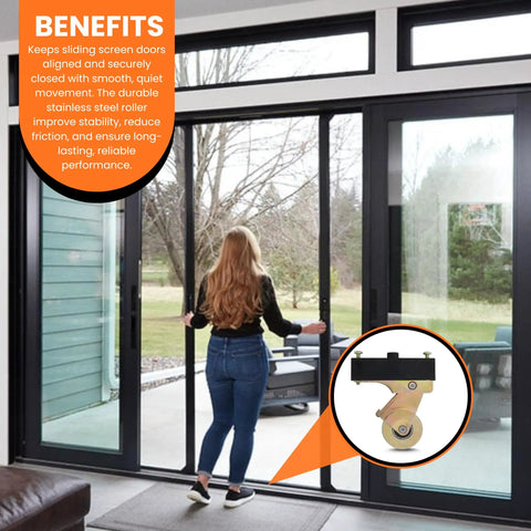 Woman operating a sliding screen door enhanced by Built Tough Heavy Duty Sliding Screen Door Rollers With One Inch Steel Ball Bearing And Adjusting Sleeve Universal Patio Door Replacement Kit Includes All Hardware For Smooth Hassle Free Sliding Two Pack.