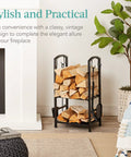 Five Piece Wrought Iron Firewood Storage Rack With All In One Tool Set for fireplace with logs in living room.