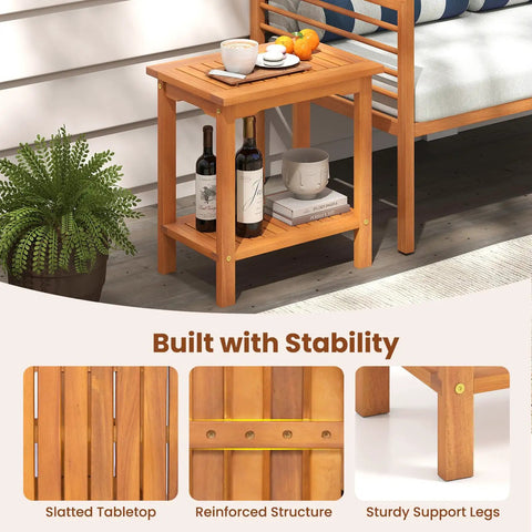 Acacia Wood Outdoor Side Table With Slatted Top And Two Tier Storage Shelf For Backyard Poolside Patio Or Indoor Use Built To Last In Natural Finish No Fuss Durability
