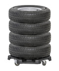 Heavy Duty Tire Dolly Wheel Transport Cart With Smooth Rollin Locking Swivel Casters and Comfort Grip Handles holding four tires.