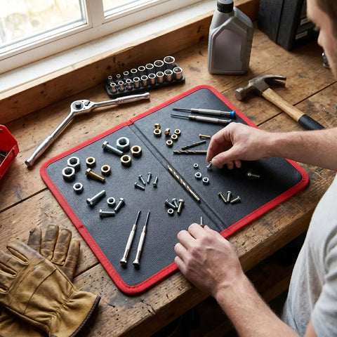 Foldable Magnetic Tool Mat With 40 Lbs Hold, Flexible Parts Organizer For Auto Repair And Electronics, Ultra Strong Magnetic Hold Keeps Screws Wrenches Bolts Secure Even On Tilted Or Vibrating Surfaces on workbench with screws