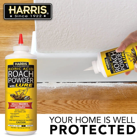 Heavy Duty Boric Acid Roach And Silverfish Killer Dust With Irresistible Lure For Fast Acting Bug Nuking And Long Lasting Puffer Bottle Pest Control Kit 16 Oz being applied along baseboards.