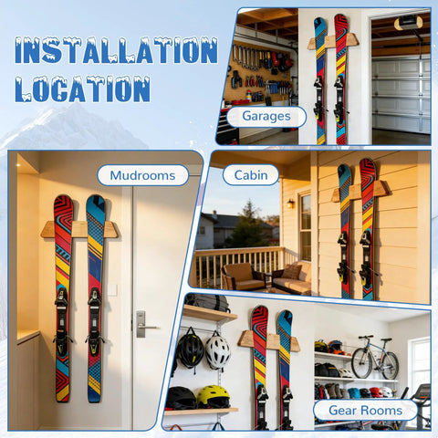 Rock Solid Horizontal Ski Rack Wall Mount Heavy Duty Solid Wood Storage Organizer With Warm Natural Finish in garage, mudroom, cabin, and gear room.