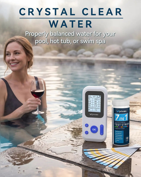 Keep Your Swim Spot Looking Sharp With This Digital 7 In 1 Water Test Kit Delivering Snap Results For Chlorine Bromine pH Alkalinity And Hardness While Covering All The Bases Smoothly Inside with a woman holding wine by a pool.