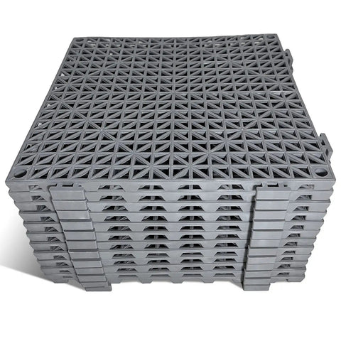 12 Pack Modular Interlocking Cushion Rubber Floor Mats 11.6 Inch Square Tiles For Pool Deck Patio Balcony Yard Pet Area Drainage Wash Pad Gray Non Slip Surface For Wet Areas Durable Flexible And Easy To Install. Stacked gray tiles.