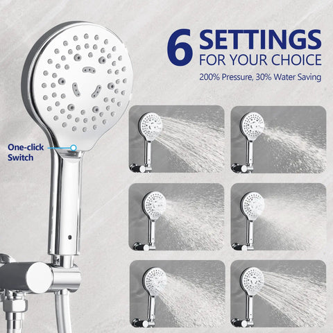 Wall Mounted Rainfall Shower System With 10 Inch High Pressure Head, Multifunction Handheld, 6 spray settings display