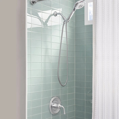 Handheld Shower Head With Four Spray Modes Drench Power Wash Sensitive And Aqua Toggle 2.5 GPM Polished Chrome in tiled bathroom