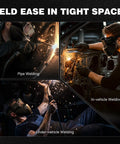 Top-Shelf Auto Darkening Welding Glasses With Integrated Led Light And True Color Lens, Huge Viewing Area For Crystal Clear Vision, Super Fast Response, Kick-Ass Solar Powered Safety Shields For Serious Fabricators Shade 3 To 13, shown in pipe, in-vehicle, and under-vehicle welding.