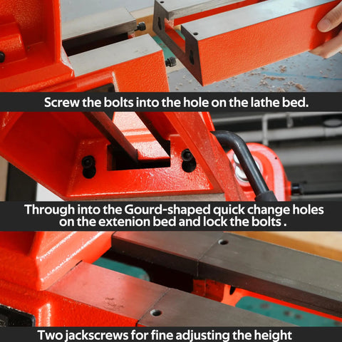 12 Inch Heavy Duty Extension Bed For Woodturning Lathe Extends Reach To 32 Inches, Ideal For Turning Table Legs And Lamps, Compatible With 14x20 Midi Lathes, Fitted With Dual Jackscrews For Fine Height Adjustment installation view