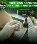 Heavy Duty Super Glue Gel That Nails Every Connection On Plastic Shoes Ceramic And Wood With Zero Dripping Formula And Lightning Quick Curing Times Making Crystal Clear Water Resistant Seals You Can Trust Every Single Time With A Leak Proof 8 Pack, being applied to a model in a gloved hand.