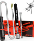 Three Piece Telescoping Magnetic Pickup Tool Set With Sixteen Pound Heavy Duty Lift displayed with packaging and tools