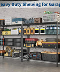 Rock Solid 4 Tier Metal Storage Shelves Heavy Duty Industrial Grade Garage Organization Rack 47 Inches Wide with tools and bins.