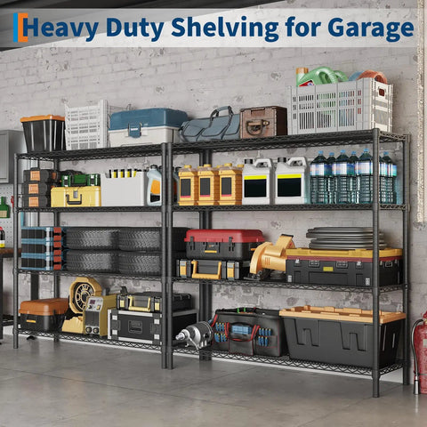 Rock Solid 4 Tier Metal Storage Shelves Heavy Duty Industrial Grade Garage Organization Rack 47 Inches Wide with tools and bins.
