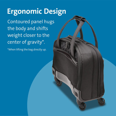 Hardcore Protection 15.6 Laptop Rolling Bag Multi Directional Spinner Wheels Water Resistant Executive Business Travel Case Wheeled Tote Roll Easy Black side view, showcasing ergonomic design and wheel base.