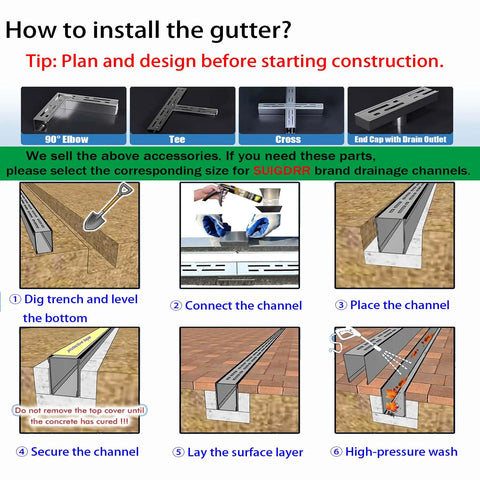 Installation guide for Heavy Duty 304 Stainless Steel Trench Drain Kit With Grid Grate And Coupling for outdoor use.