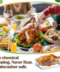Family serving turkey on Two Piece Adjustable Roasting Racks Set For Turkey And Chicken Stainless Steel V Shaped Stand