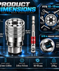 2 Pack Self Adjusting Socket Wrench Set dimensions showing 3/8 drive, fits 10-19mm fasteners, socket height 52mm.