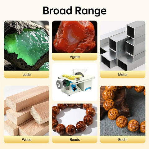 Top Tier 5 In 1 Mini Lapidary Saw And Bench Grinder Delivers Zero Sweat Performance With A Rock Solid 750 Watt Motor And Precise Speed Settings For Quick Jade Chasing Jobs image with jade, agate, and various materials for stone shaping.
