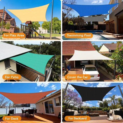 Various uses of Sun Shade Sail 10x16 Feet Sand Rectangle With Curved Edges 185GSM HDPE for play area, patio, pool, deck, backyard.
