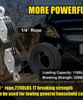 Heavy Duty Block And Tackle System With 2200 Lbs Breaking Strength Fifty Feet Of Three Eighths Inch Rope Five To One Lifting Power Pulley Hoist For Construction Warehouses Animal Husbandry And Farm Use Built Like A Boss Durable Black shown with car towing setup.