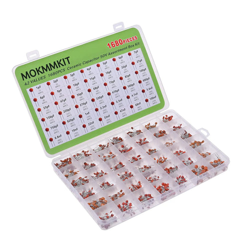 Badass Ceramic Capacitor Assortment Kit Loaded With Forty Two Values Containing 1680 Pieces Spanning 1pF Through 100nF At 50V in organizer box.