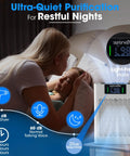 Dead Quiet Smart Air Purifier For Home Serving Crisp Clean Vibes With Chill Sleep Mode And Auto Adjust Settings Plus Wifi App Control For Fresh Air In Big Rooms Up To One Thousand Seventy Six Sq Ft White beside a child in bed.