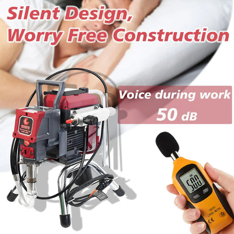 Heavy Duty Airless Paint Sprayer With Fifty Foot Hose And Three Swappable Tips Crush Exterior Painting Projects On Homes Fences And Decks Straight From The Paint Bucket Save Serious Sweat Equity And Get Her Done Quick displayed with a sound meter showing 50 dB.