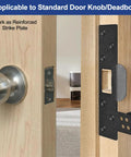 Heavy Duty Security Strike Plate With Integrated Anti Kick Barricade Pins For Badass Front Door Reinforcement And Double Layer Home Protection That Locks Everything Down Tight mounted on wooden door next to standard door knob.