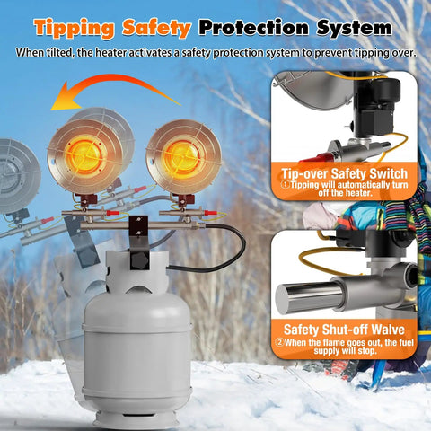 Two-head 30000 BTU Portable Propane Heater With Three Adjustable Heat Modes And Safety Shut Off Valve in outdoor setting