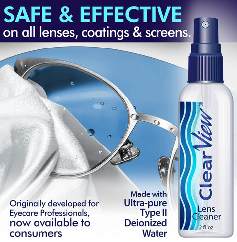 ClearView Lens Cleaner spray bottle with blue cap beside eyeglasses and microfiber cloth
