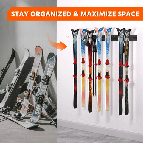 Wall Mounted Ski Rack With Extra Boot Hooks, Garage Game Changer Holds Eight Pair Skis displaying organized skis on wall.
