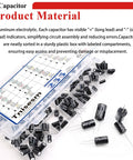 Kickass 28 Piece Aluminum Electrolytic Capacitor Assortment Kit Featuring 0.1uf To 4700uf With 10V 16V 25V 35V 50V Voltage Options in a plastic sorting box.