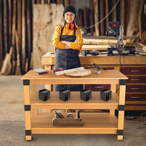 3 Way Corner Bracket Kit for Workbenches, Heavy Duty Steel Right Angle Brackets for 2x4 Wood, 8 Piece Set shown on workbench